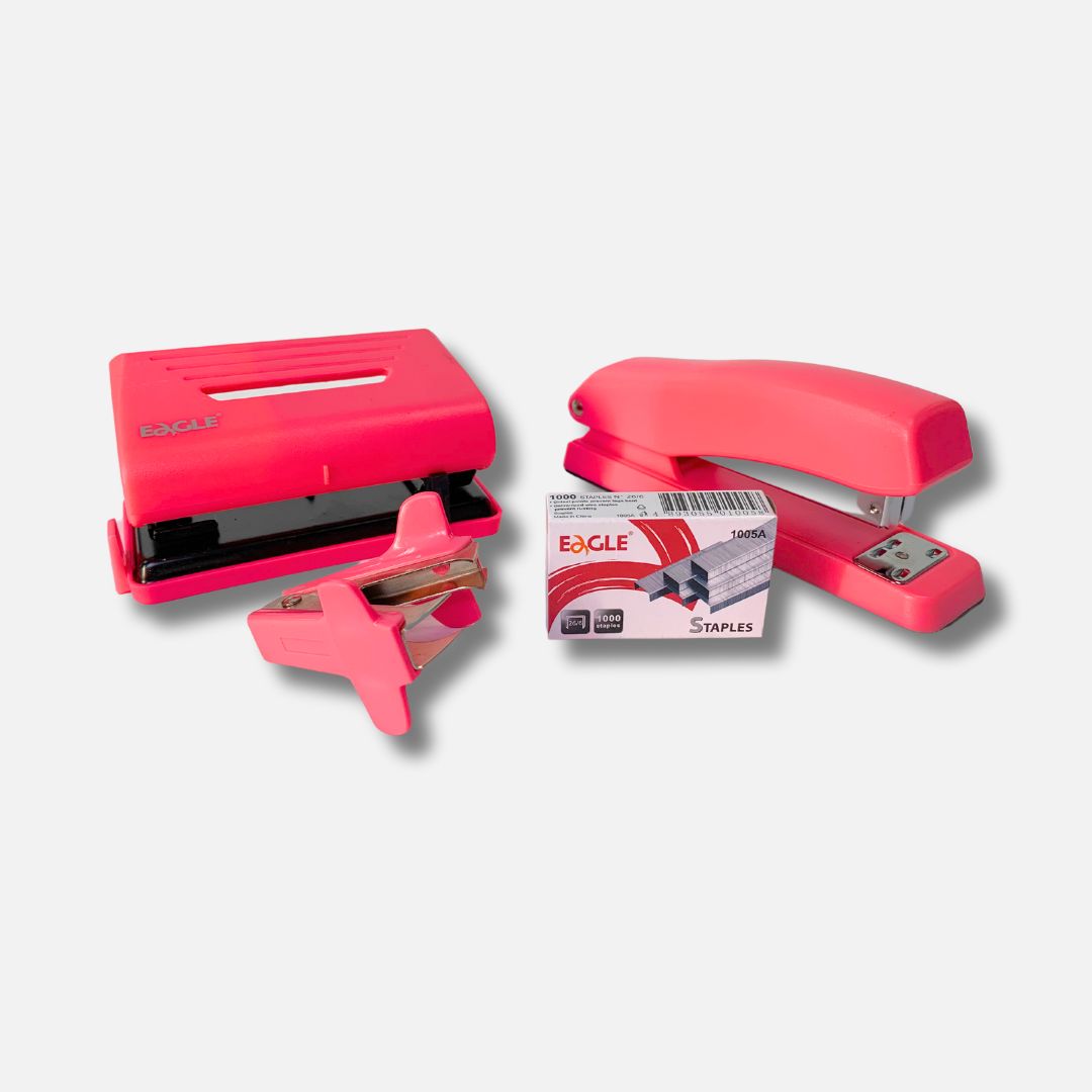 Pack Agrafador + Furador Eagle Neon Rosa